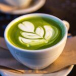 white ceramic teacup filled of matcha tea
