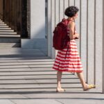 woman, dress, stripes, shadow, female, street, backpack, casual, outfit, stripes, street, backpack, backpack, backpack, backpack, backpack, outfit