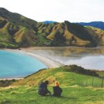 man and woman sitting on grass field near lake during daytime